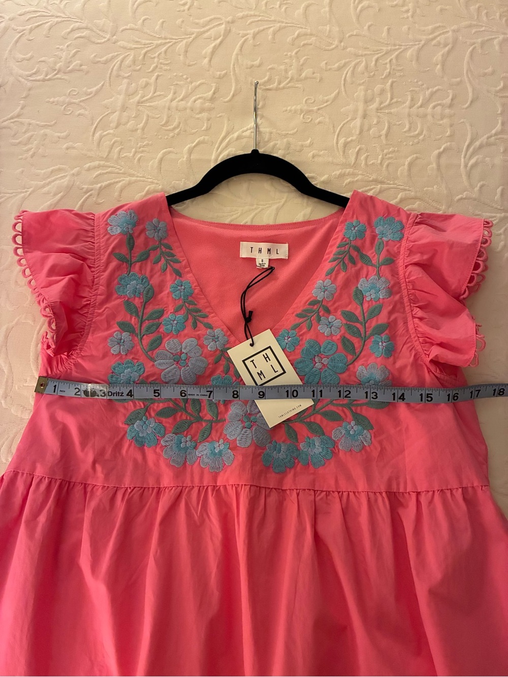 THML Girls' Bright Pink Dress with Blue Floral Embroidery - Picture 5 of 7